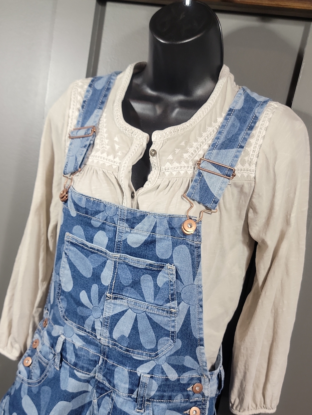 No Boundaries Blue Floral Denim Short Overalls